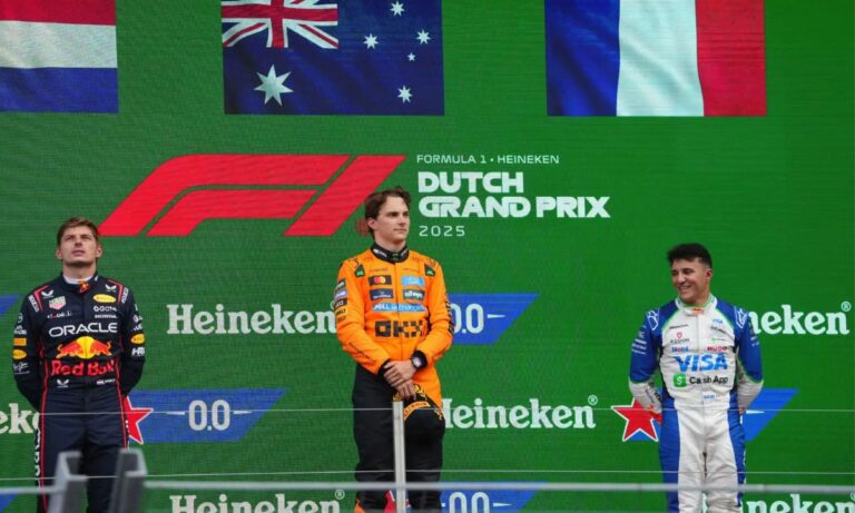 Dutch GP Race Day: Oscar-Piastri-Max-Verstappen-and-Isack-Hadjar-celebrating